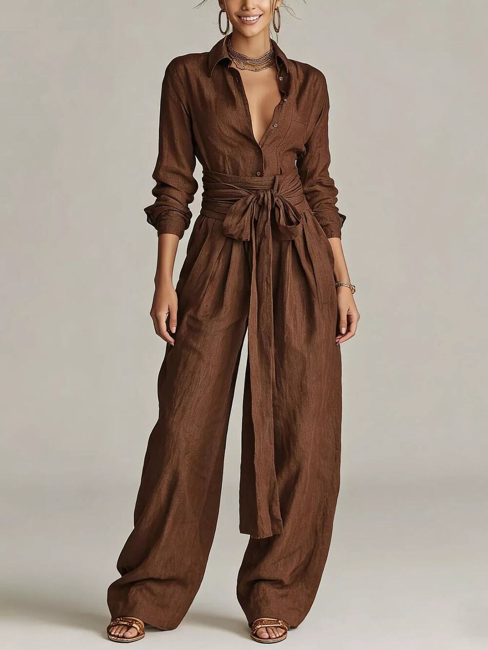 Long-Sleeve Button-Down Waist-Tie Jumpsuit